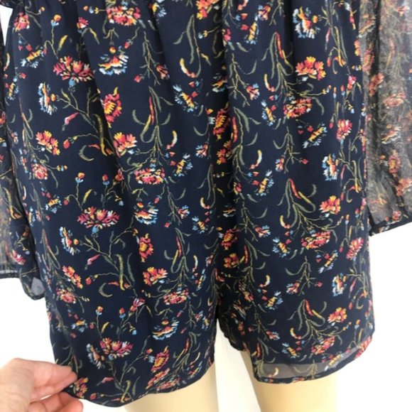 NWOT BCBGeneration Pussy Bow Romper XS 2 Long Sleeve Neck Tie Pocket Floral Navy - Picture 9 of 16